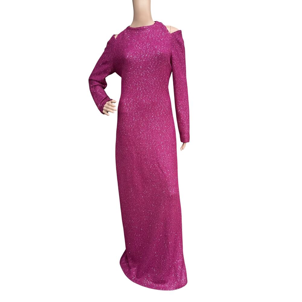 ST JOHN Sequin Knit Cold Shoulder Evening Gown Pink Magenta Silk PF19 Size 16
